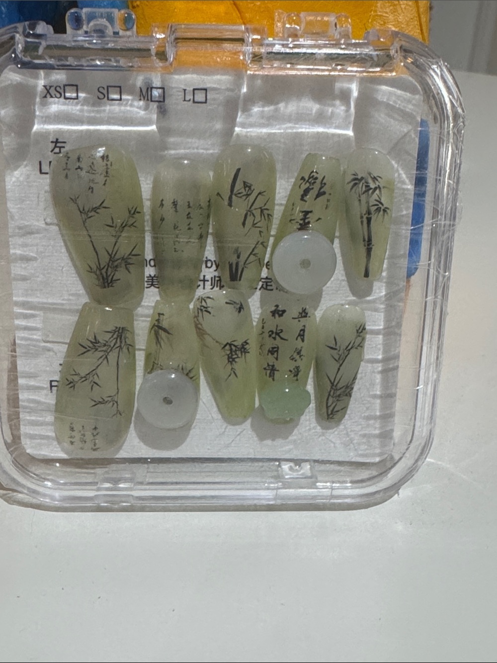 Clear Jade-Green Press-On Nail Set with Bamboo Design - Brand: